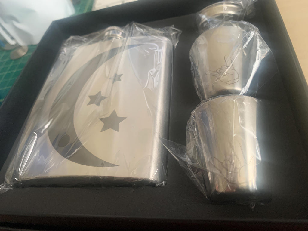 Crescent Moon Flask Gift Set, 7oz Flask, Shot Glasses