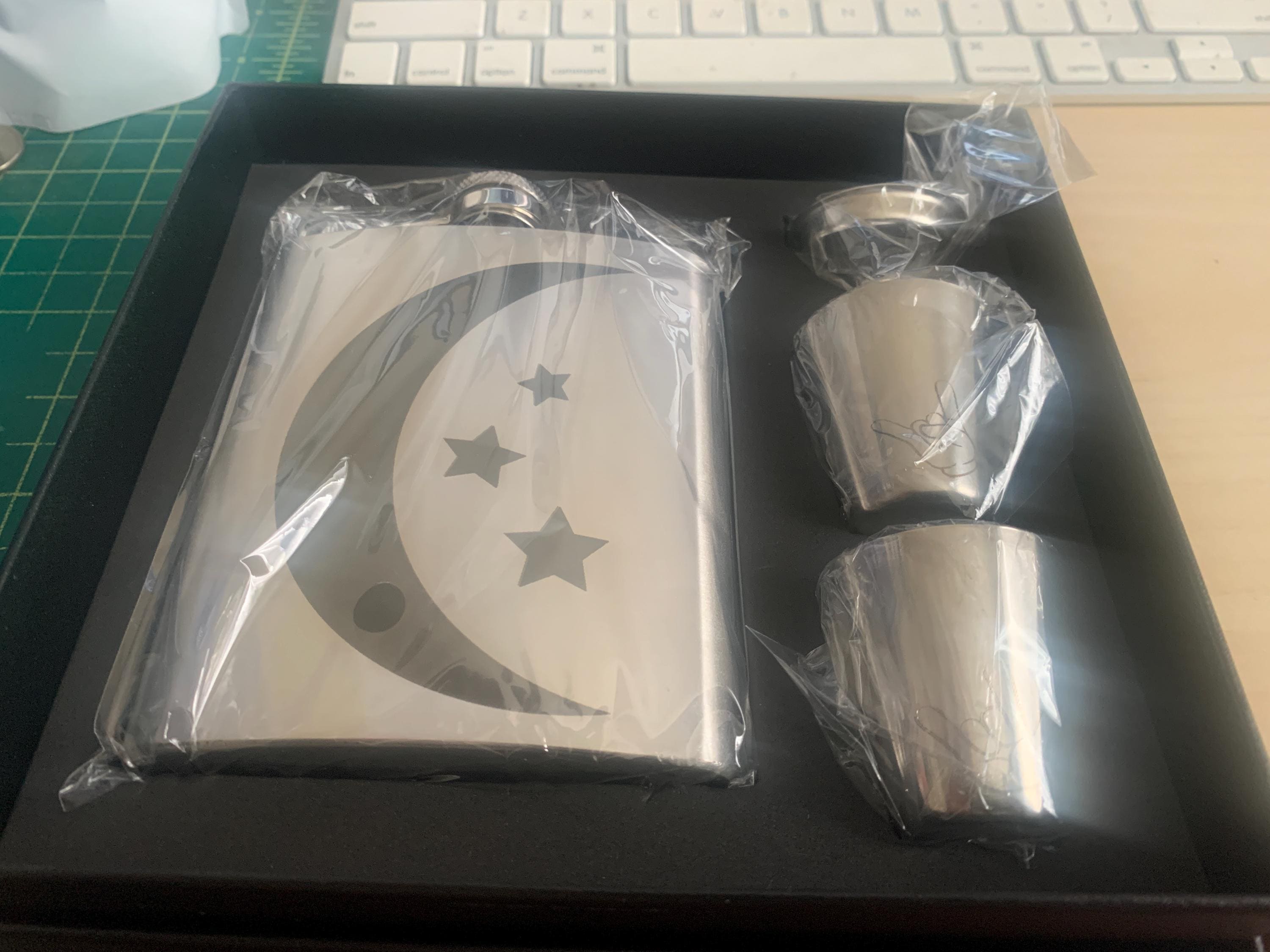 Crescent Moon Flask Gift Set, 7oz Flask, Shot Glasses