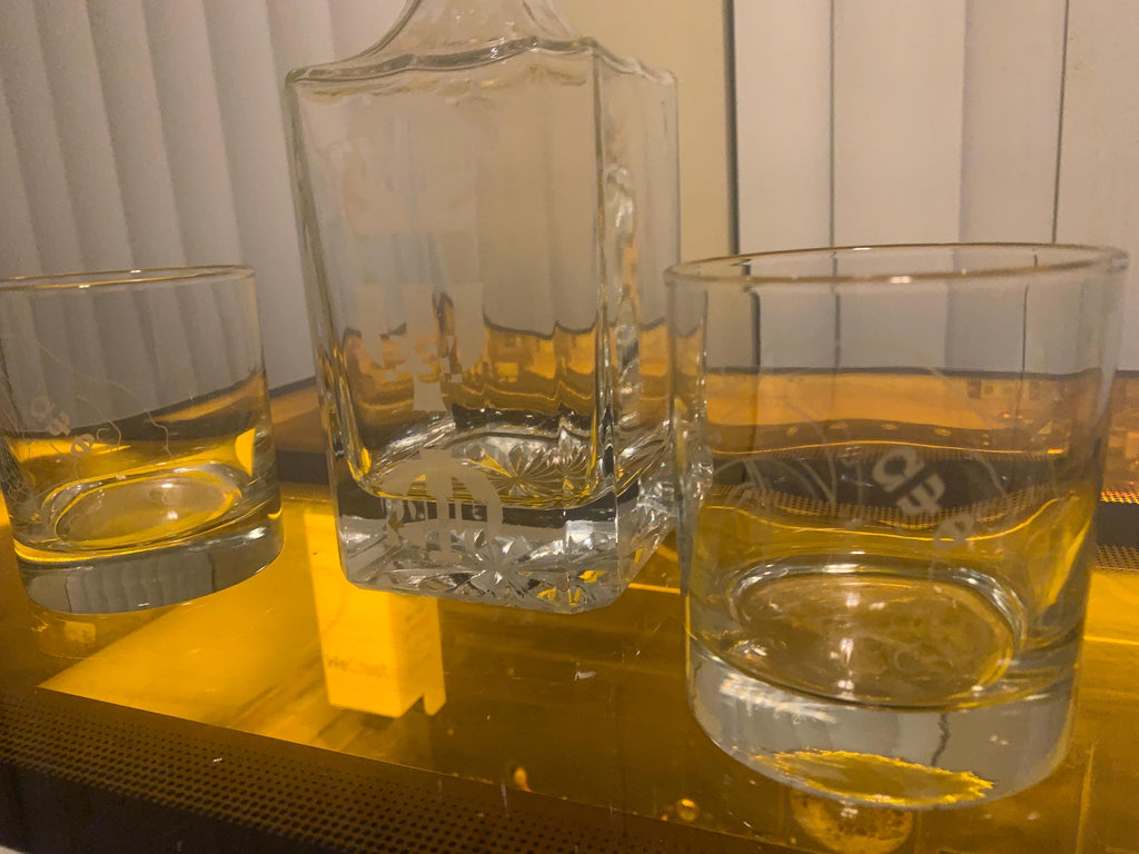 Omega Whisky Decantor And 2 Whisky Glasses