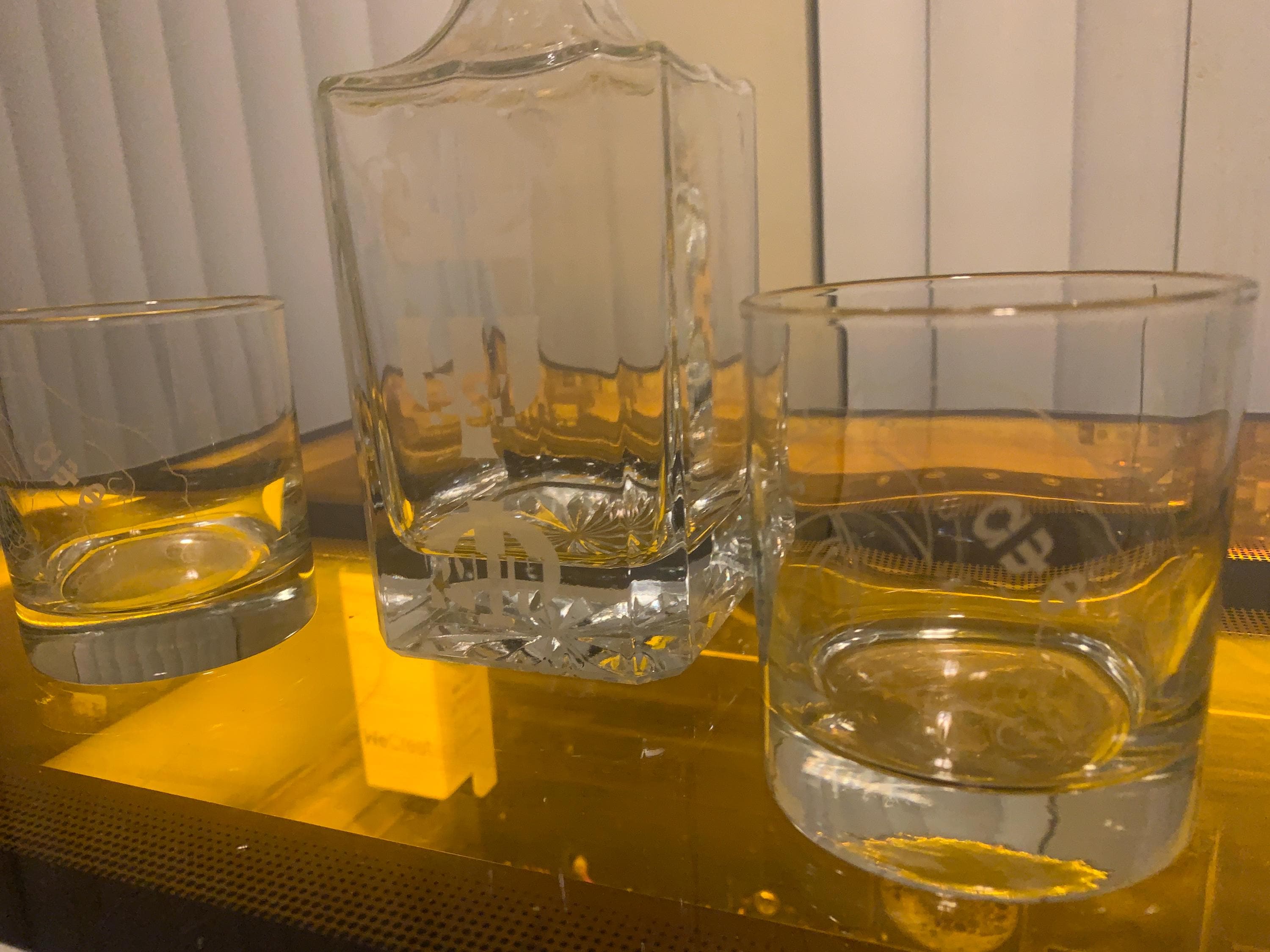 Omega Whisky Decantor And 2 Whisky Glasses